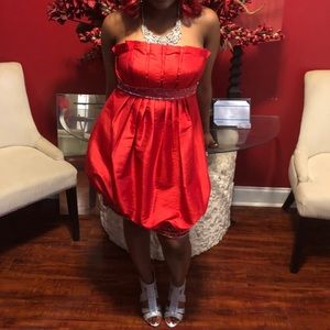 Red Strapless Prom 💋Dress/Rhinestones bands/scarf